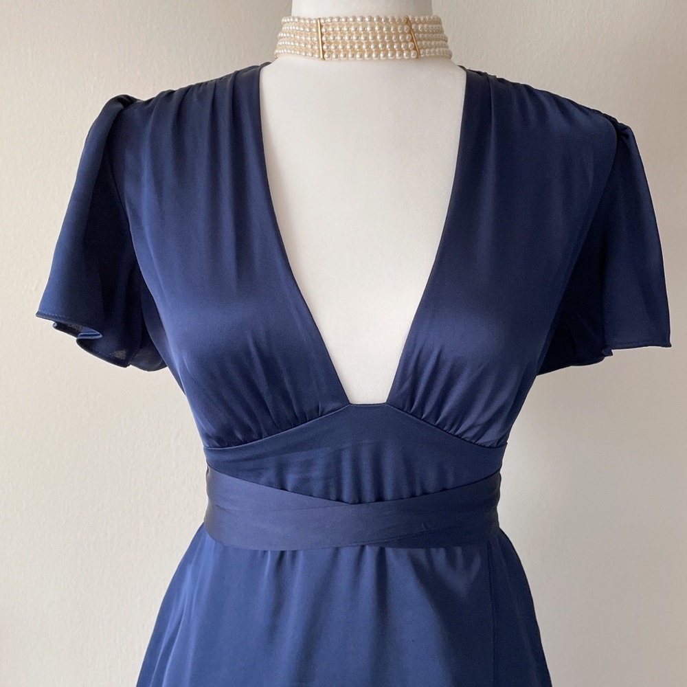 Express satin navy blue dress plunging neck